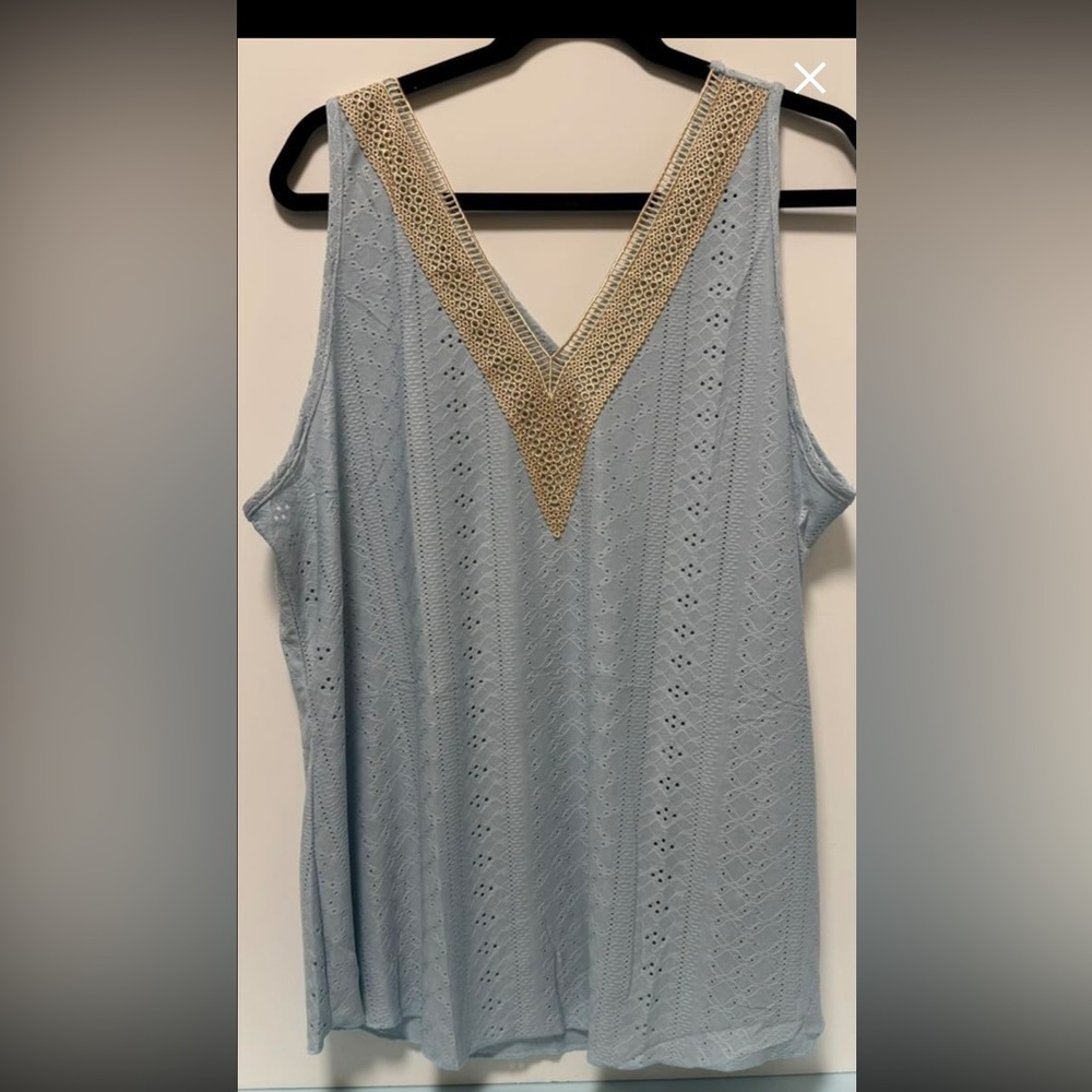 Women's Blue Sleeveless Lace Eyelet Embroidery Cami V Neck FlowyTank Top